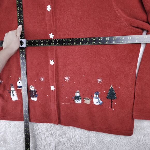 W 2X Brick Red Fleece Christmas Cardigan Embroidered Snowmen Snowflake Buttons - Picture 5 of 8